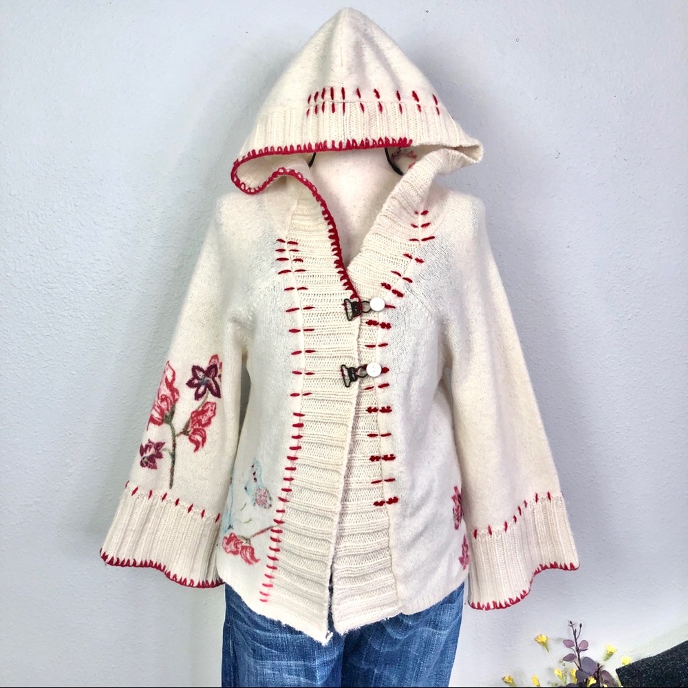 Anthropologie Cream Hooded Cardigan with Red Accents
